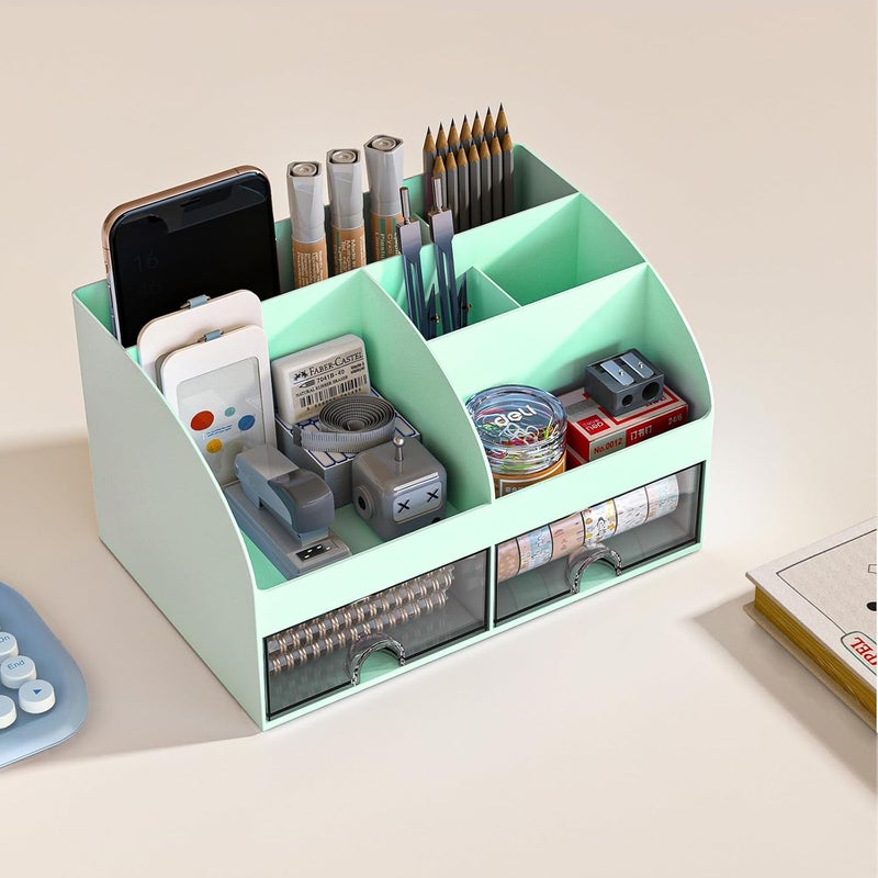 COMFYROOM Desk Organizer with 6 Compartments and 2 Drawers, Plastic Makeup Organizer, Pen Holder for Desktop Storage, Desk Organization for School, Home, Office Supplies (Mint Green) - Image 3